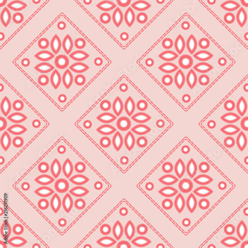 Seamless background with satin stitch embroidery. Traditional ornament. Rustic pattern. Textile rapport.