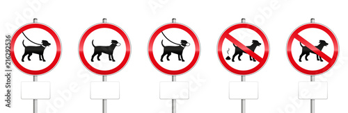 Dogs mandatory signs with blank panels - no dogs allowed, dogs on leash, wearing muzzles, dog dirt. Isolated on white background.