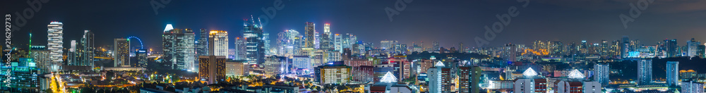 Panorama of downtown Singapore with Business district and Flyer wheel, at night