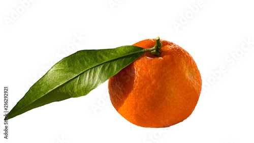 Orange mandarin with green leaf on white background