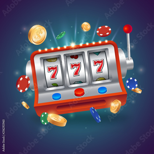 Casino slot machine. Big win 777 lottery casino vector illustration. Flying playing chips with gold coins. Eps 10.