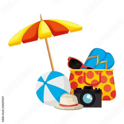 umbrella beach with vacations accessories vector illustration design
