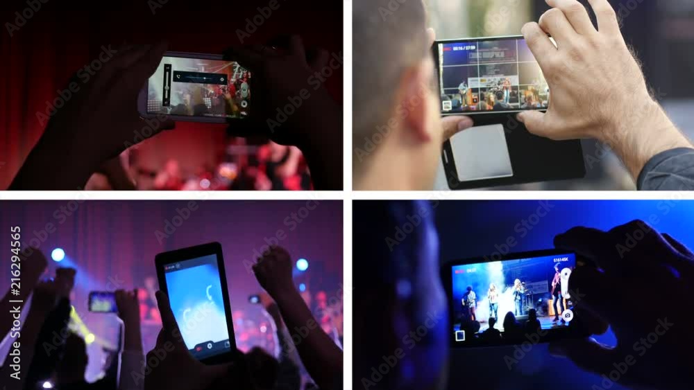 Collage of shooting video of music concert via smart phone in flashing lumiere