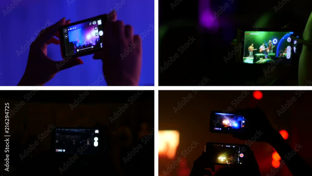 Collage of shooting video of music concert via smart phone in flashing lumiere