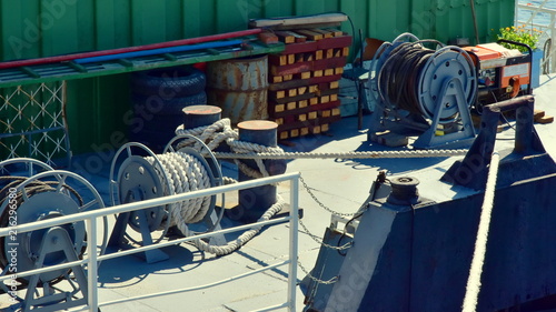 drum with a winding rope for mooring the ship on the dock