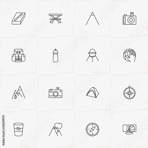 Camping line icon set with camping tent , matchbox and cauldron