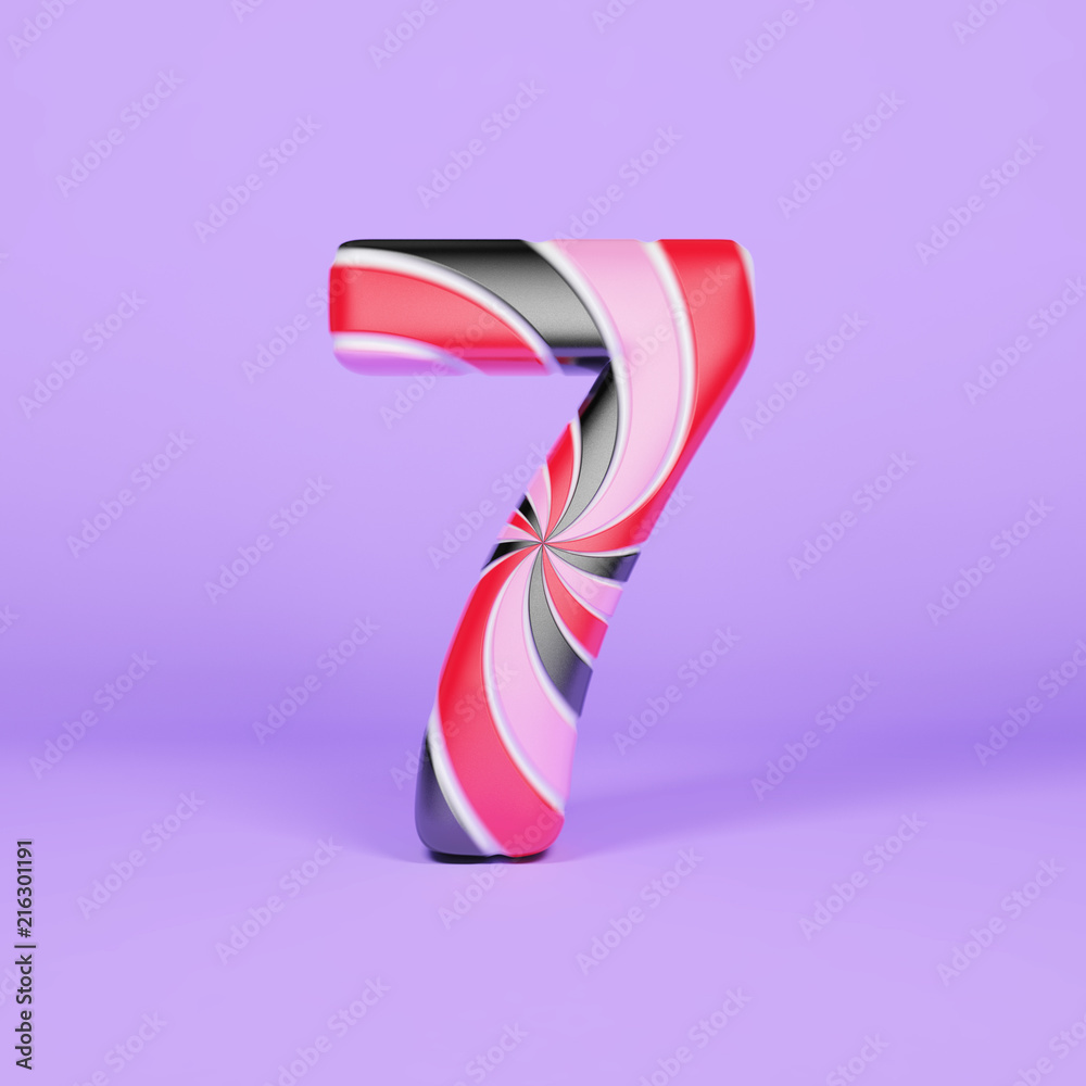 Obraz premium Alphabet number 7. Christmas font made of pink, red and black striped lollipop. 3D render on violet background.
