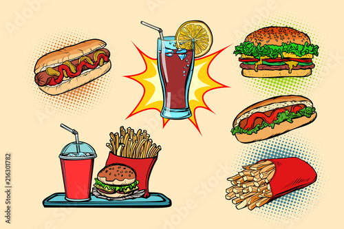 fast food set collection hot dog Burger Cola French fries drink