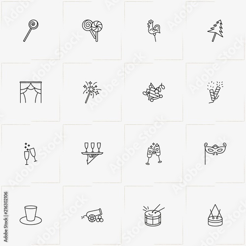 Carnival line icon set with stemware, celebrating and tray with glasses