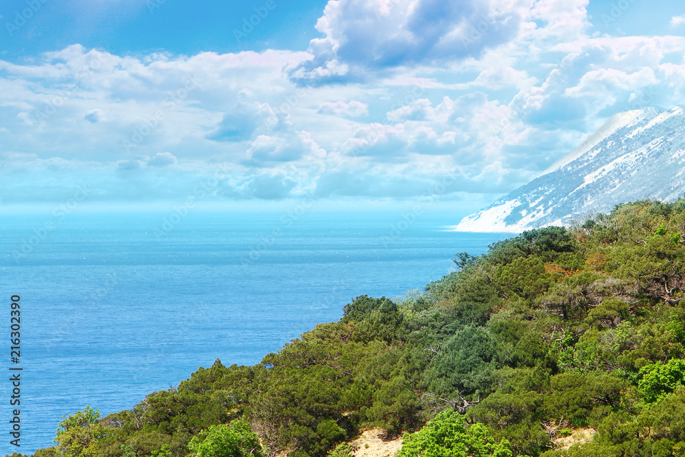 Fototapeta premium Sea shore landscape - green mountains on the light blue cloudy sky background