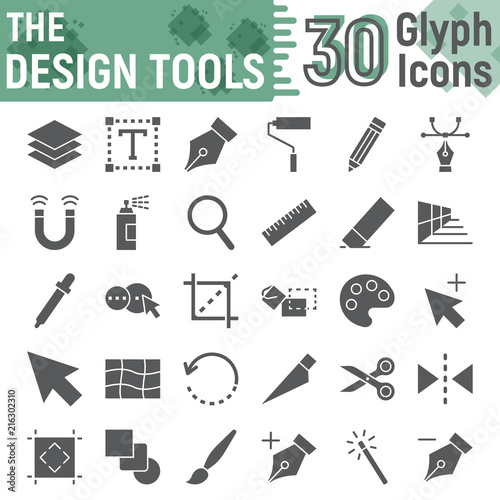 Design tools glyph icon set, graphic design symbols collection, vector sketches, logo illustrations, soft signs solid pictograms package isolated on white background, eps 10.
