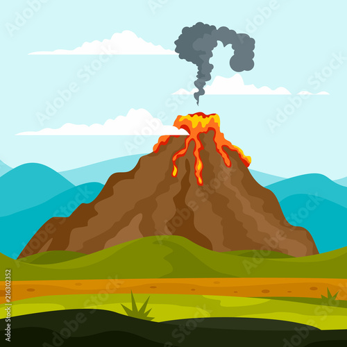 Eruption of volcano background. Flat illustration of eruption of volcano vector background for web design