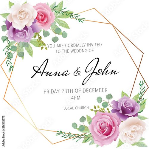 Greeting card with lilac, pink and white roses and elegant geometrical golden frame.. Can be used as invitation card for wedding, birthday and other holiday. All elements are isolated and editable. 