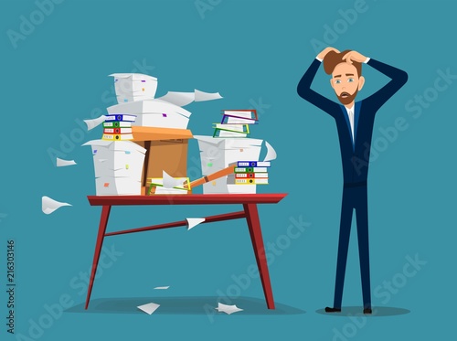 Businessman is near table with pile of office papers and documents. Vector illustration in cartoon style. 