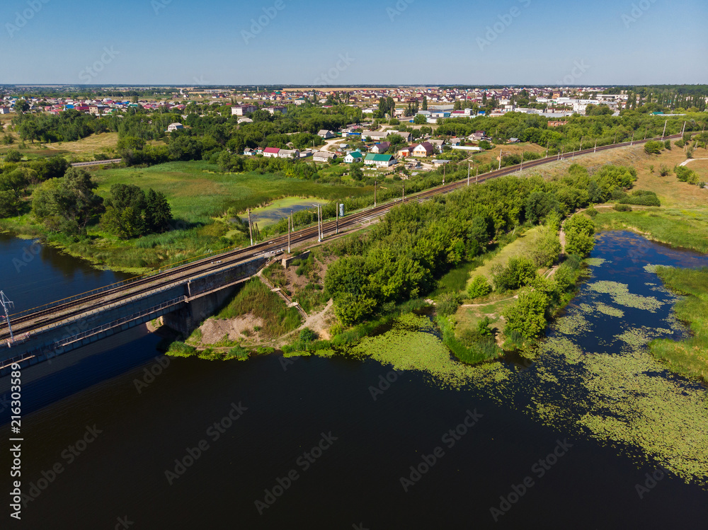 Railway bridge across river Matyra in Gryazi city in Russia