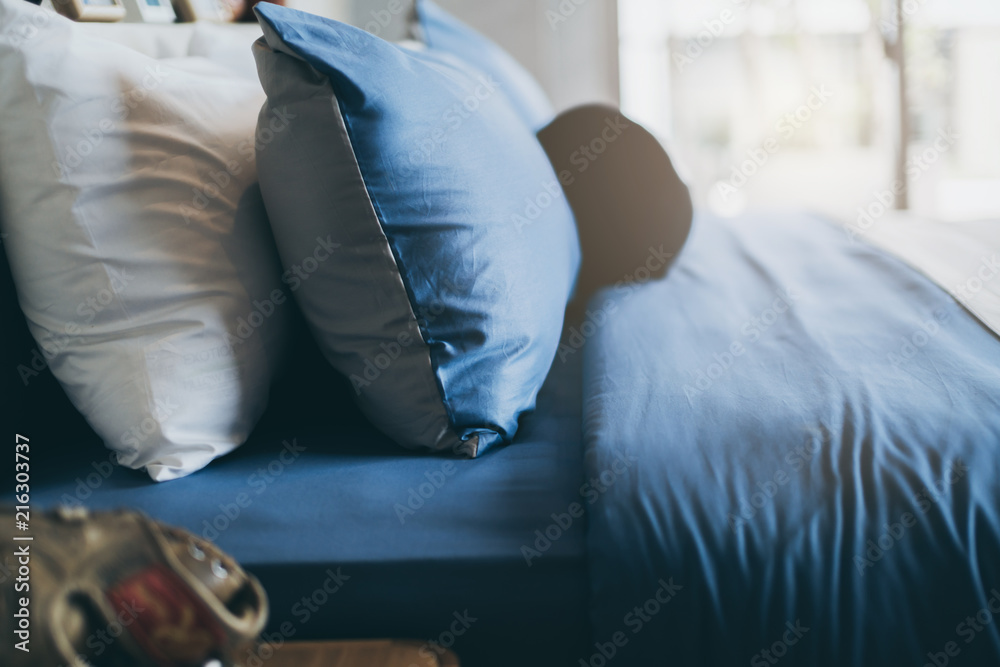 blue pillow bed maid home background