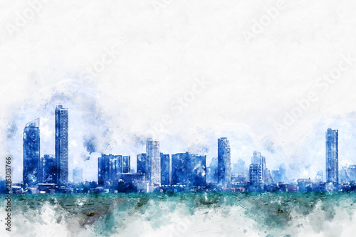 Abstract colorful building in the city on watercolor illustration painting background.