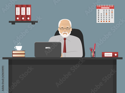 Web banner of an elderly office worker in the workplace. Old man is sitting at the desk on a gray background. There is a laptop, a calendar and red folders in the picture. Vector illustration