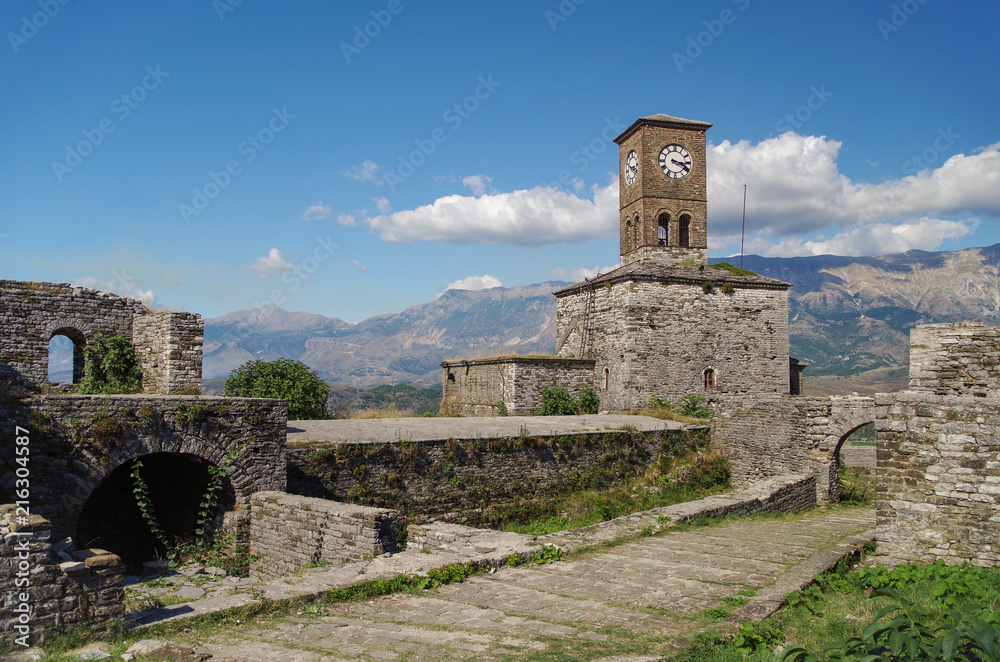 Gjirokaster Castle. Clock tower. Albania, Gjirokastra - UNESCO World Heritage site.