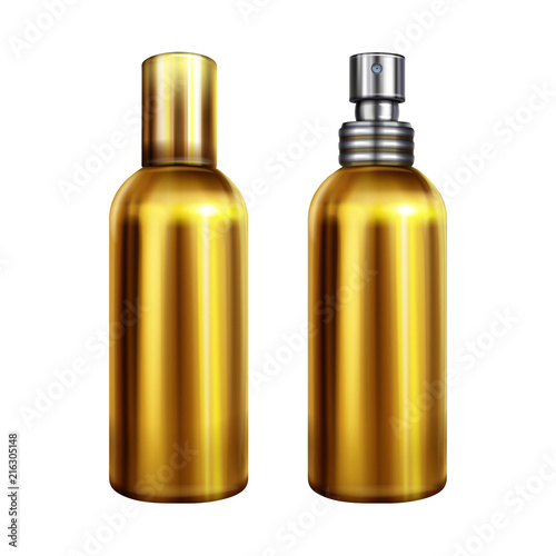 Perfume spray vector illustration of metallic golden bottle or container with silver sprayer cap closed and open. Isolated 3D realistic mockup model for premium brand design