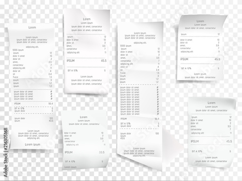 Receipts vector illustration of realistic payment paper bills for cash or credit card transaction with purchase items sum price from shop or sale store. Isolated 3D on transparent background photo