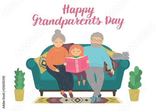 Happy Grandparents Day. Happy grandparents reading book with grandchild. Heartwarming grandparent family concept. Hand lettering. Original vector illustration.