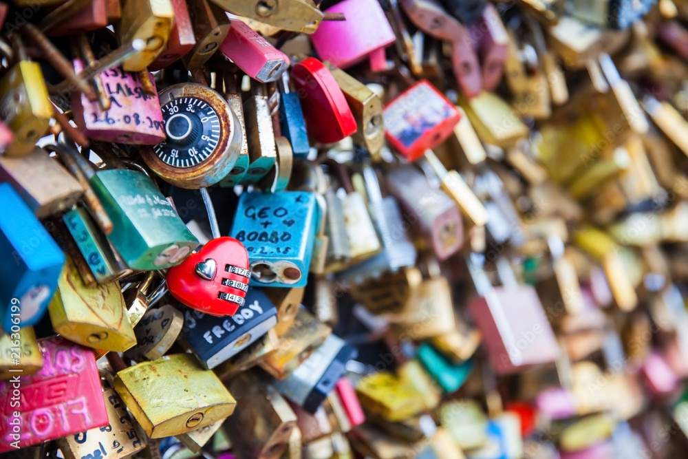 Close-up of the Love locks at Pont Neuf in Paris