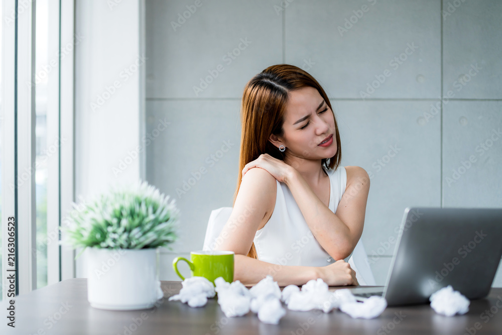 office syndrome with asian business woman shoulder pain and backache office background office syndrome with asian business woman shoulder pain and backache office background