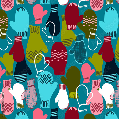Winter mitten seamless pattern. Repeating pattern for gift wrap, cards, gift tags, bags, textiles, scrapbooking and more. Christmas, holiday, season. Blue, navy, pink, green, white.