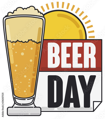 Beer with Loose-leaf Calendar and Sun for Beer Day Celebration, Vector Illustration