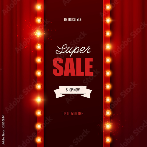 Retro light sign. Vintage sale banner. Vector illustration. 