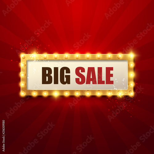 Retro light sign. Vintage sale banner. Vector illustration. 