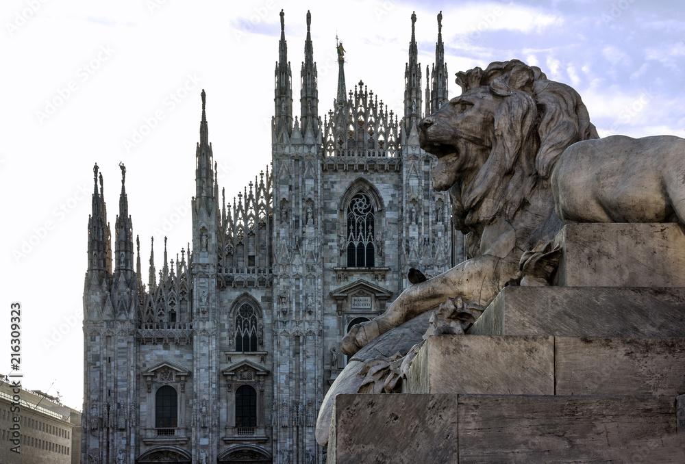 Milan, Italy. Milano Duomo square architecture, Italy. Piazza Duomo, lion sculpture