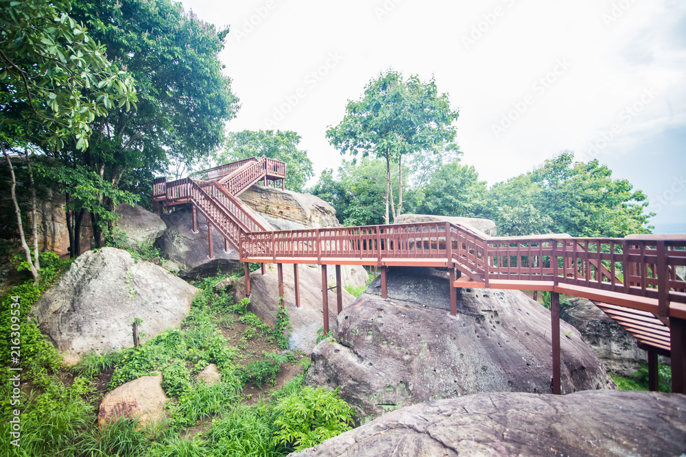 wood staircase on mountain stone wood staircase on mountain stone
