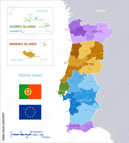 Colorful political vector map of Portugal