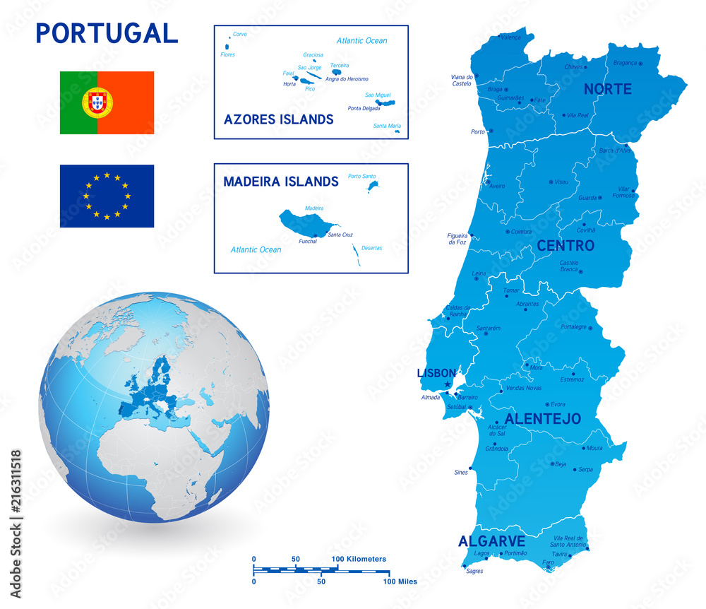 Blue political vector map of Portugal
