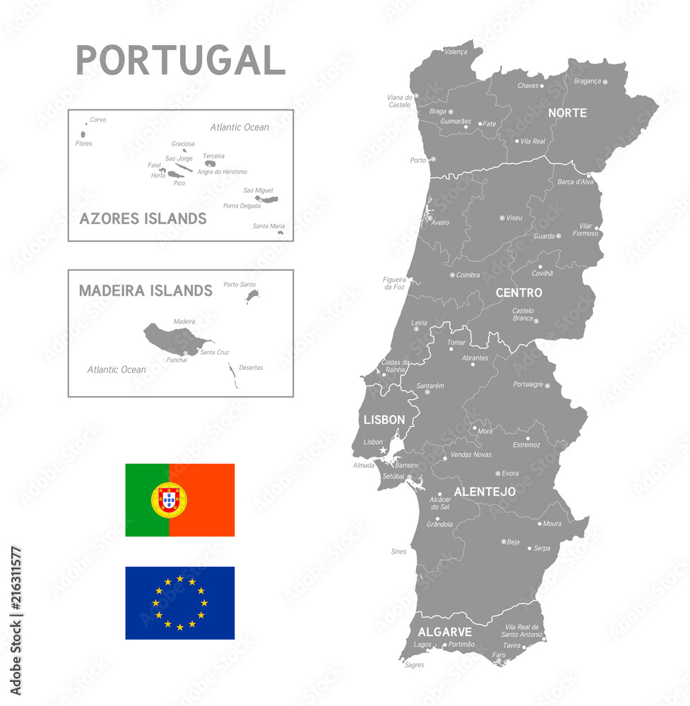 Fototapeta premium Grey Vector Political Map of Portugal
