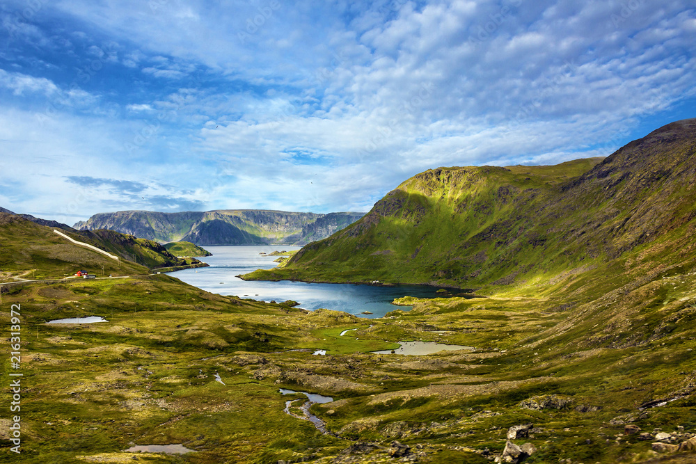 Mountain lake kandscaoe, Norway, North Cape, Honningsvag, beyond the Arctic Circle.