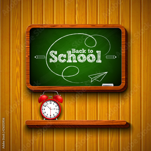 Back to school design with alarm clock, chalkboard and typography lettering on wood texture background. Vector illustration for greeting card, banner, flyer, invitation, brochure or promotional poster