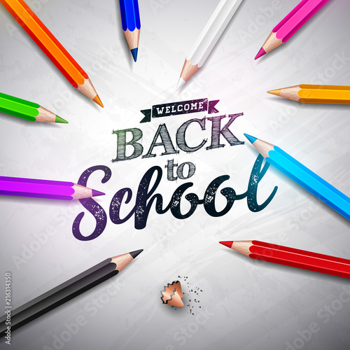 Back to school design with colorful pencil and lettering on white board background. Vector illustration for greeting card, banner, flyer, invitation, brochure or promotional poster.