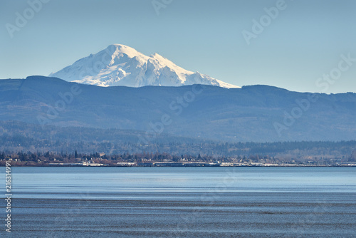 Mt Baker across Bellingham Bay, Washington. Mount Baker rising up behind Bellingham Bay in Washington State.