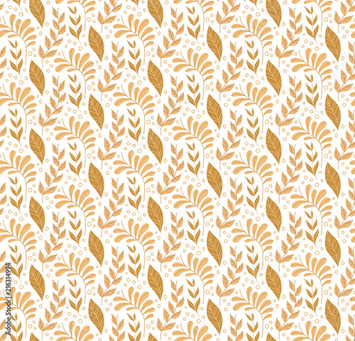 Vector Golden Floral Seamless Pattern. Decorative Plant Background. Cute Fabric Ornament texture with leaves and flowers.