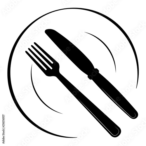 Abstract logo of a cafe or restaurant. A spoon and fork on a plate. A simple out line.