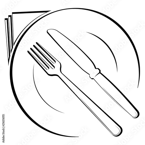 Abstract logo of a cafe or restaurant. A spoon and fork on a plate. A simple out line.