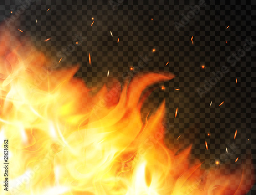 Fire background with flames, red fire sparks, glowing particles and smoke. Realistic flames on transparent background. Burning flames. Bonfire, campfire or fireplace concept. Vector illustration