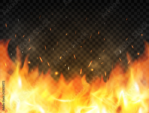 Realistic flames on transparent background. Fire background with flames, red fire sparks flying up, glowing particles and smoke. Burning flames. Bonfire, campfire or fireplace concept. Vector
