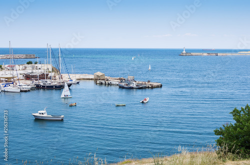 Russia, the peninsula of Crimea, the city of Sevastopol. 06/10/2018: Sevastopol Bay, Marina of the yacht club and Konstantinovskaya battery
