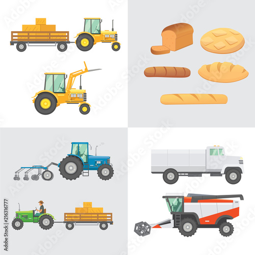 Set harvest vector. Agricultural machinery, farm vehicle and collection bread production. Tractors, harvester, combine illustration in flat design. Agriculture summer harvesting.