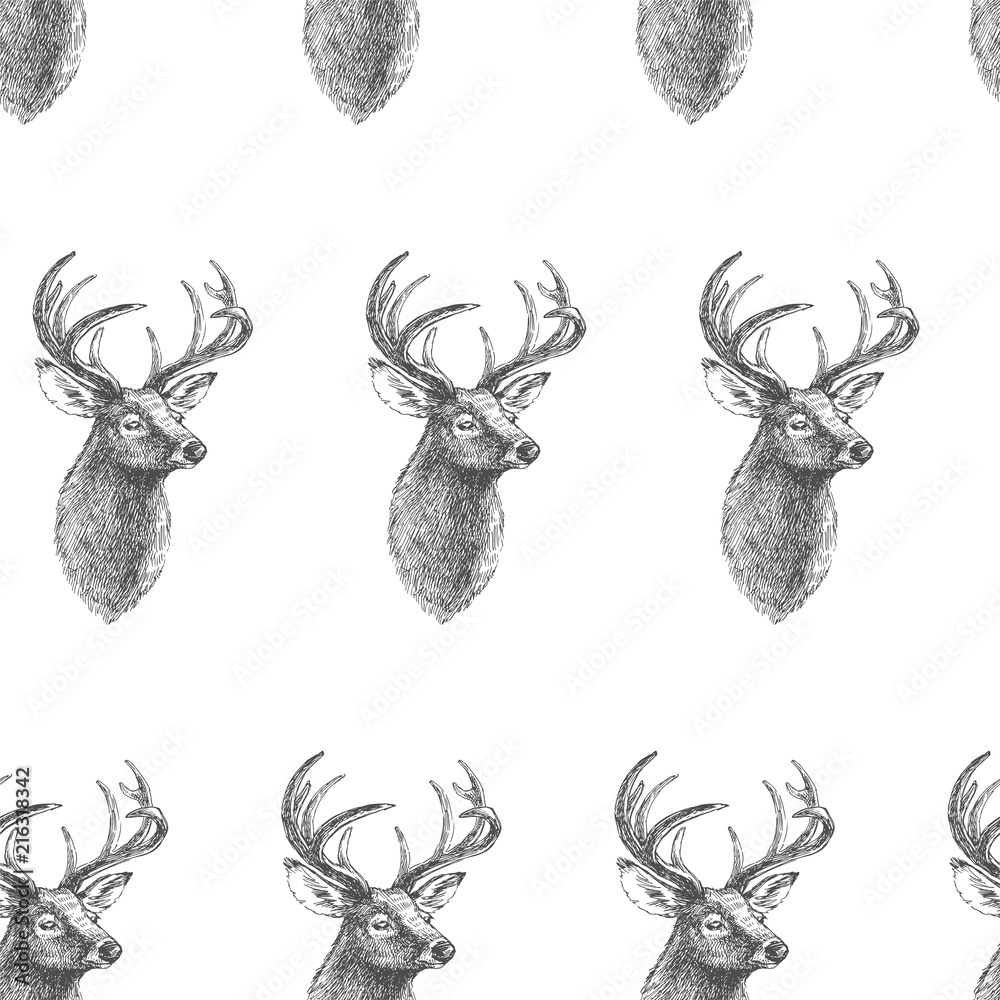 Fototapeta premium Vector seamless pattern with vintage engraved deer heads. Hand drawn texture with animal portraits isolated on white background