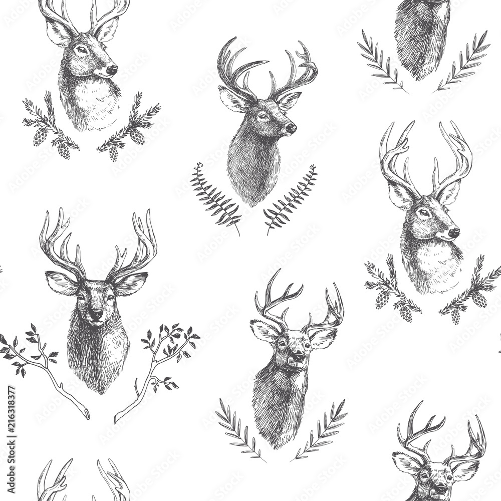 Obraz premium Wektor wzór bezszwowe z głowami jeleni w kwiatowe ramki. Ręcznie rysowane tekstury z portretami zwierząt i szczegółami botanicznymi w stylu grawerowania. Tło lasu z elementami naturalnymi